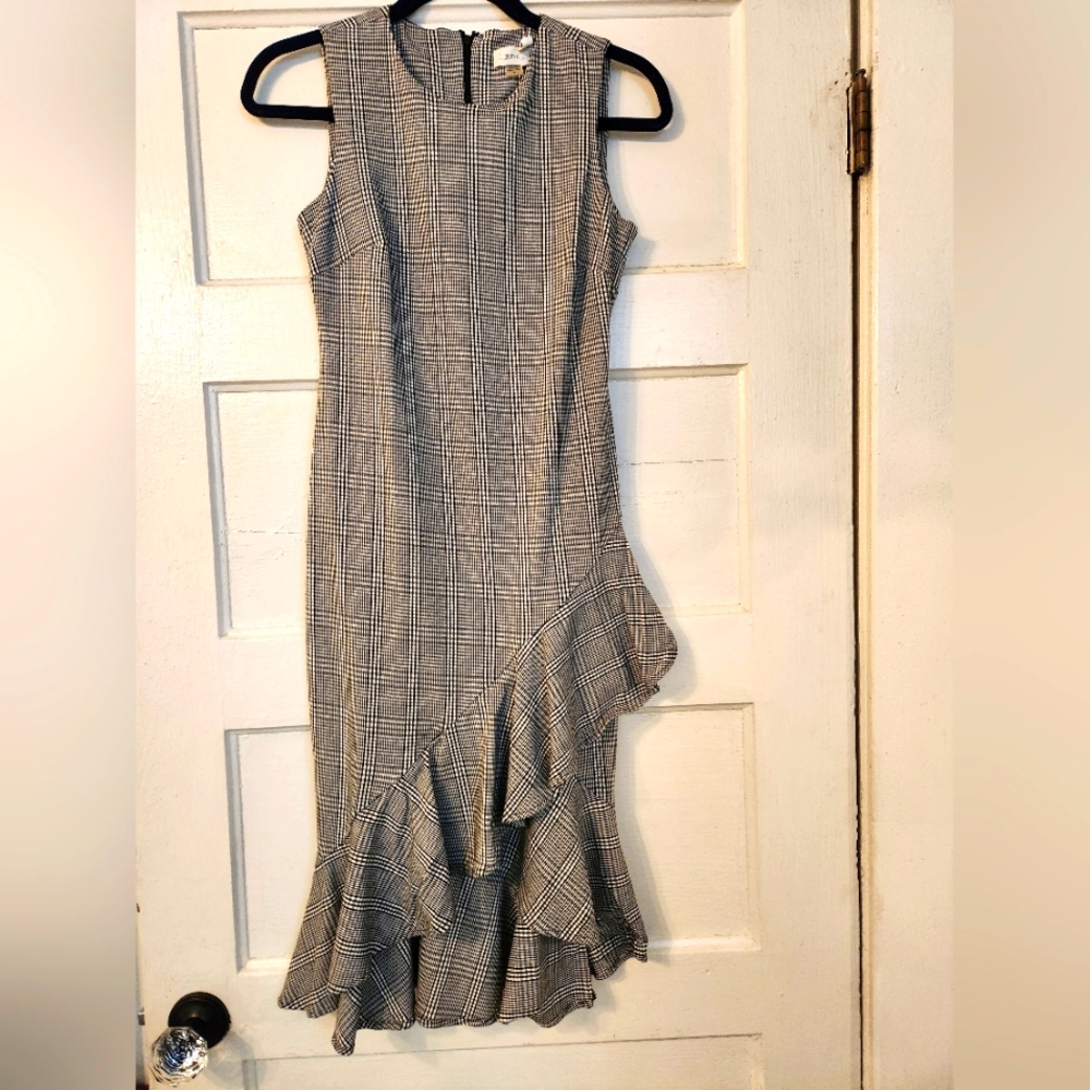 Calvin Klein Midi Dress, Houndstooth Plaid Sleeveless Ruffle Sz 4. Stretch, EUC